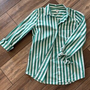 J.Crew Women’s Green and White Striped Poplin Button Up